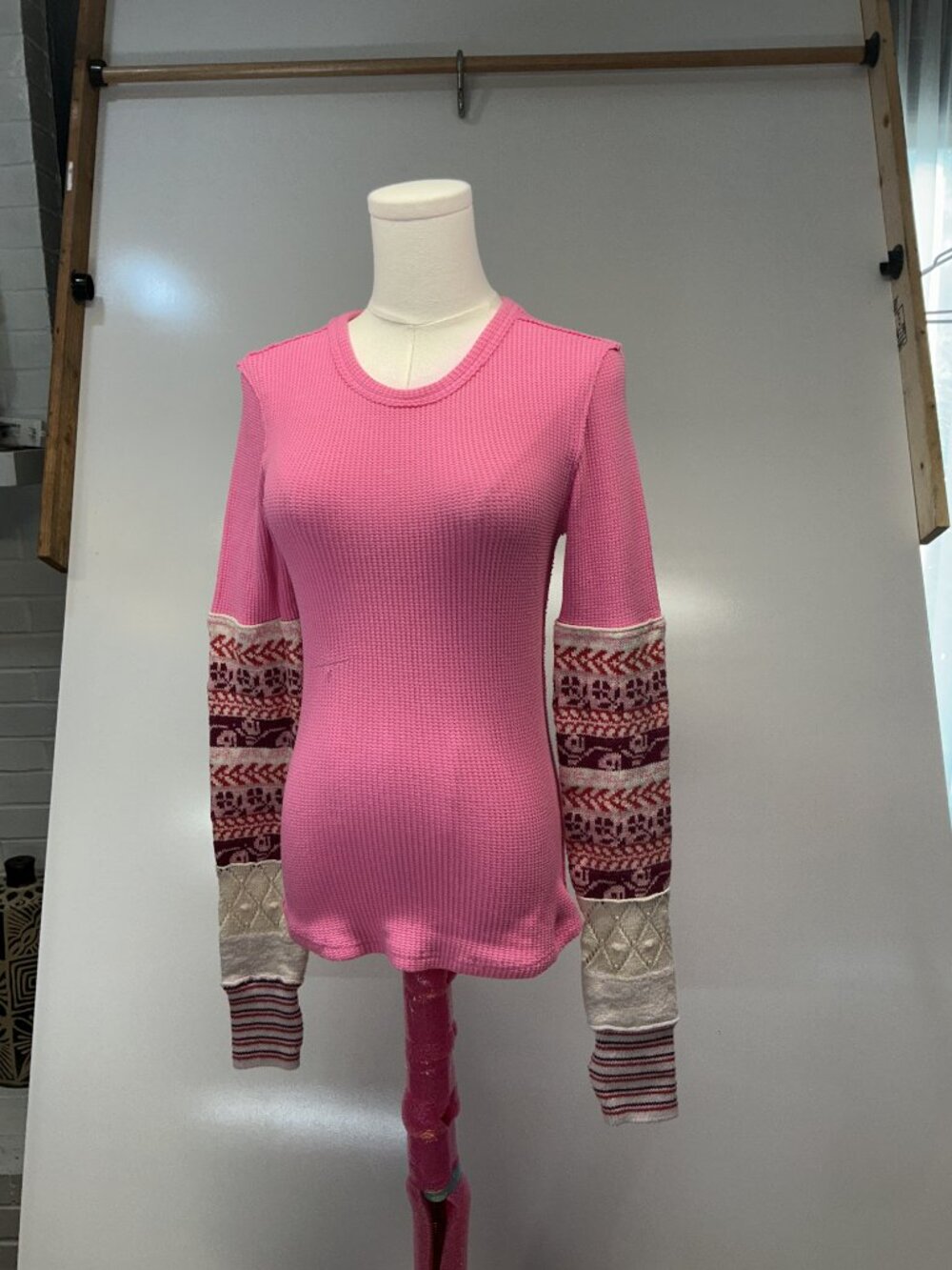 We The Free M Pink Thermal Top Fair Isle Patchwork Long Sleeve Boho - Picture 2 of 13